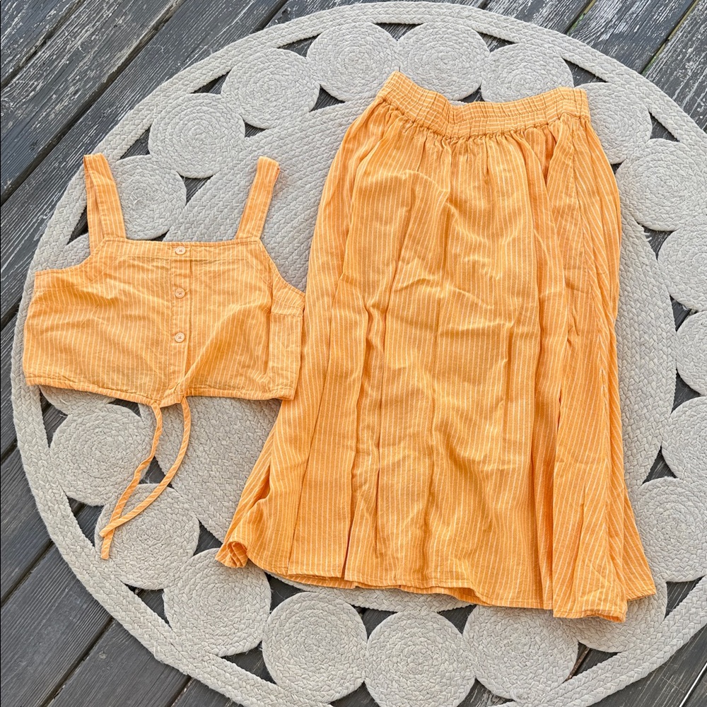 A New Day orange linen two piece skirt and top striped set